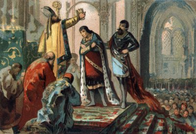 Hugues Capet, King of France from 987 to 996, made his son, the future Robert II the Pious (972-1031), sacred by Adalberon (circa 925-990), Archbishop of Reims, at the Cathedral of Orleans to establish the principle of heredity, 987. Chromolithograph by French School