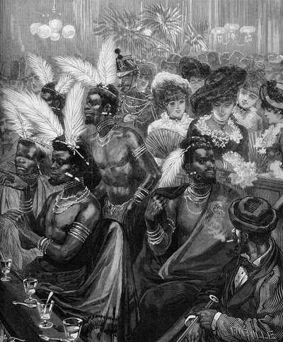 Human Zoo: Zulu warriors exhibited in a lodge in the Cabaret des Folies Bergeres in Paris in 1879. Engraving in Le Monde Illustré n°1178 of 21 November 1879 by French School