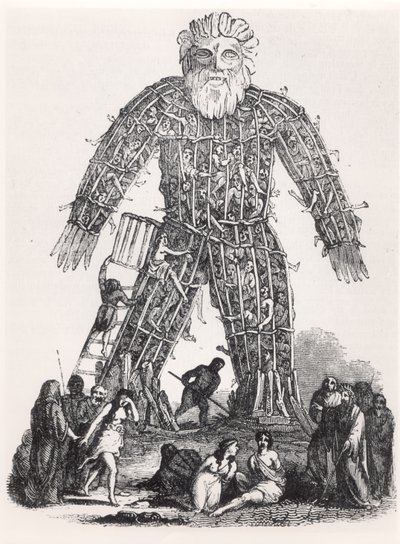 Human sacrifice by Gaulish Druids in a Wicker Man, from Magasin Pittoresque, 1833 by French School