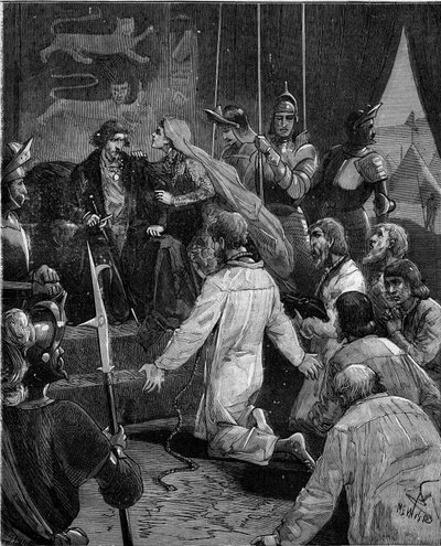 Hundred Years War. The bourgeois of Calais: devotion of Eustache of St. Peter and his companions to King Edward III of England implores their grace, supported by Queen Philippa of Hainaut (1311-1369) by French School