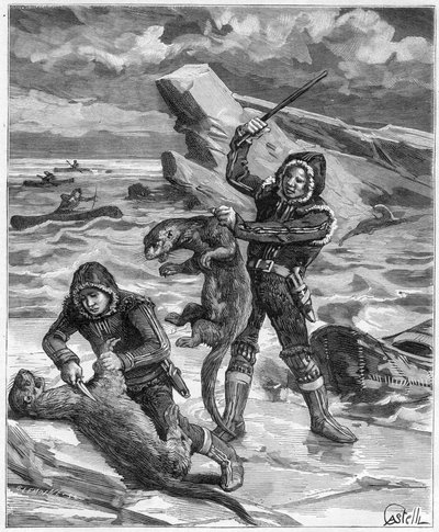 Hunter otters in Alaska - hunter of the Alaska otters in 1888 - Engraving in 