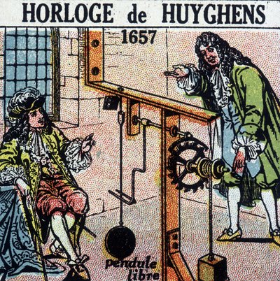 Huyghens clock 1657 (free pendulum) - engraving, early 20th century by French School