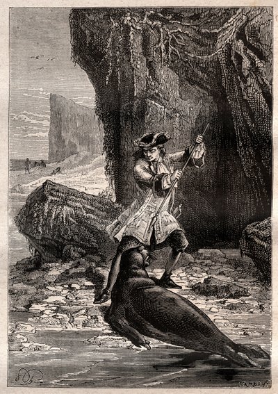 I Shoved My Spade in His Chest: Woodes Rogers Attacked by a Marine Dog (Seal) on One of the Galapagos Islands in the Pacific Ocean in 1709 - Illustration Taken from 