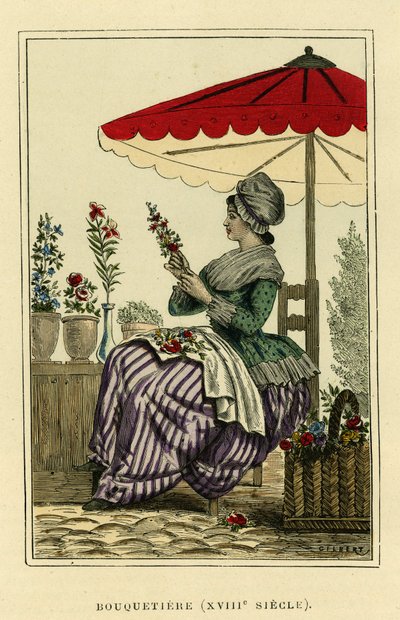 Ibex costume of the 18th century. Colour engraving, in France et les francais a travers les centuries by Augustin Challamel, F.Roy editor, Paris 1882. Selva Collection. by French School