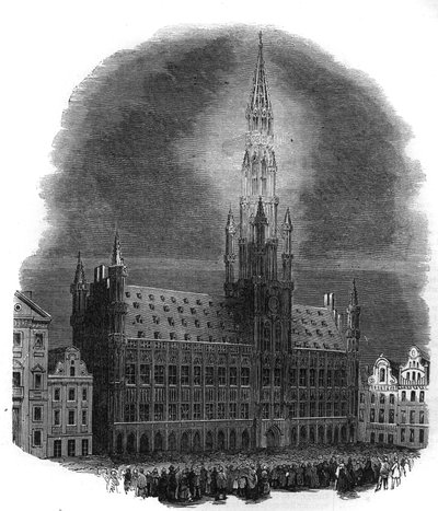 Illumination of the Brussels City Hall on 26 September 1864 on the occasion of the anniversary of the fighting that liberated Belgium from Dutch domination. From a sketch by M.D.A. Engraving in The Illustrous Universe by French School