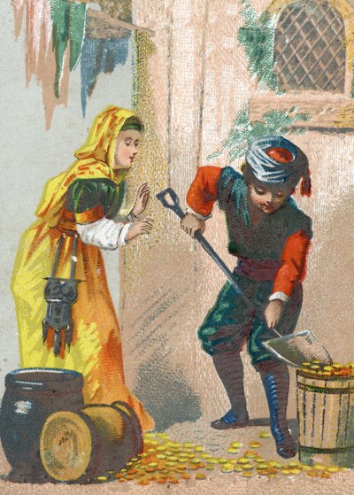 Illustration for the Tales of the Thousand and One Nights. Ali-Baba loads his golden donkeys and returns home by French School