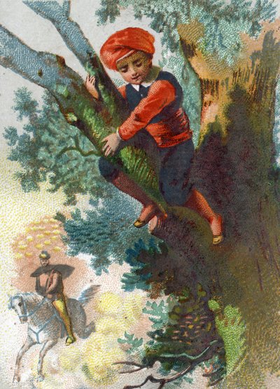 Illustration for the Tales of the Thousand and One Nights: Ali Baba seeing a troop of thieves coming from afar into the forest hides in a tree by French School