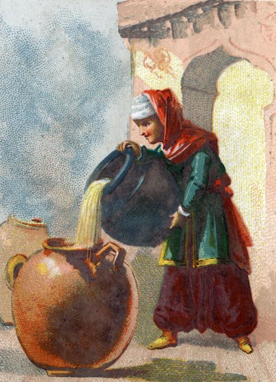 Illustration for the Tales of the Thousand and One Nights. Morgiane, a slave of Ali Baba, realizing that the vases contained thieves, took away their lives by pouring boiling oil into each vessel by French School