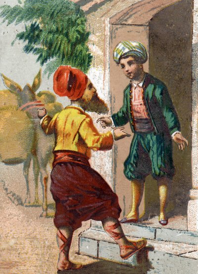 Illustration for the Tales of the Thousand and One Nights. The captain, disguised as an oil merchant and followed by 19 mules each loaded with two large vases, asks for the hospitality of Ali-Baba by French School