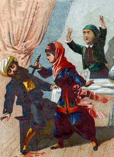 Illustration for the Tales of the Thousand and One Nights: The captain disguises again and returns to Ali Baba, but Morgiane recognizes him and stabs him during a dance by French School