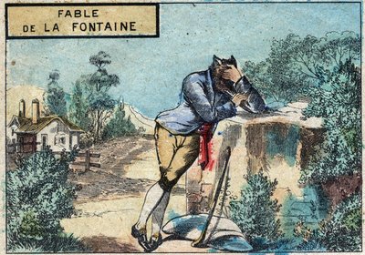 Illustration of the fable by Jean de la Fontaine: The Wolf Became a Shepherd. Epinal imaging of the late 19th century. by French School