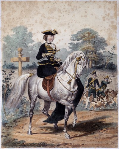 Empress Eugenia in hunting outfit. Anonymous engraving, circa 1860 by French School