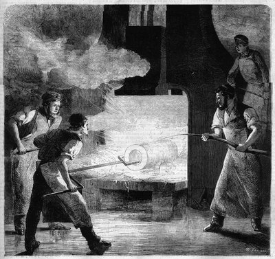 Imperiale foundry of Douai, manufacture of a barrel in steel rod. engraving by French School