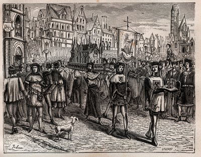 In 1318, the bishop of Paris summoned the clergy of the city for the translation of the relics of Saint-Magloire - A procession began leaving the church of Saint-Magloire on Rue Saint-Denis and went by rue aux Ours, to the cemetery of Saint-Nicolas-des-Cha by French School