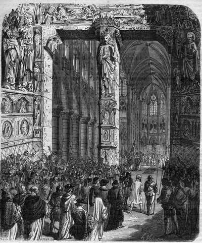 In Canossa, Emperor Henry IV of the Holy Roman Empire in penitent dress implores the forgiveness of Pope Gregoire VII. Crimes of the Queen King and Emperors through the centuries by Mauri by French School