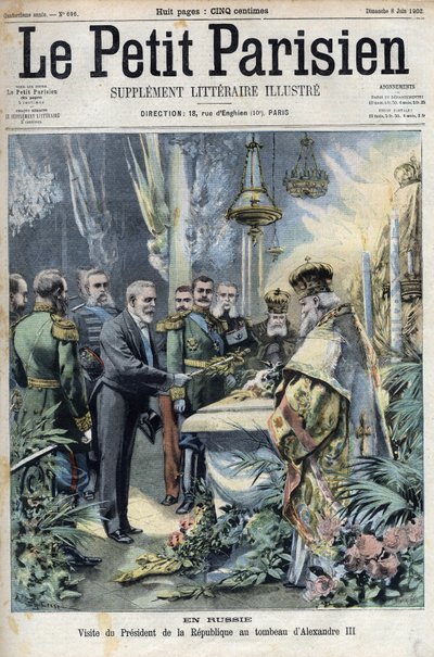 In Russia: visit of President Emile Loubet (1838-1929) to the tomb of Alexander III (1845-1894), Emperor of Russia, in 