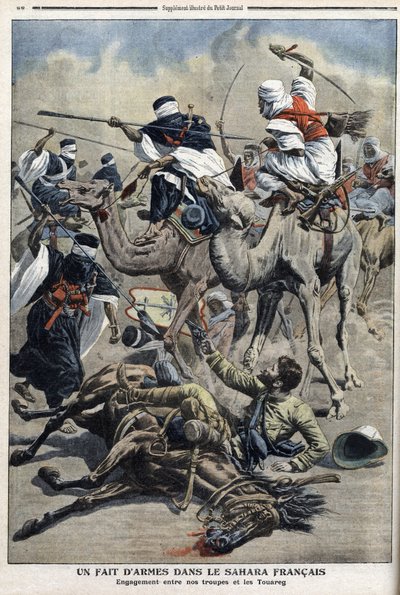 In English Sahara: fight between French troops and Tuaregs, illustration from newspaper 