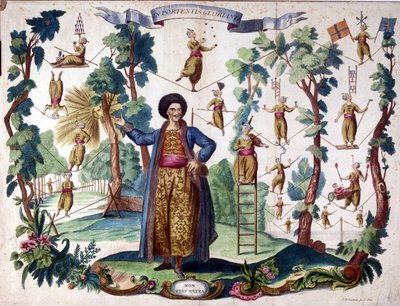 In glorious portentis Turkish circus artist Mohammed Achmed Vizaro Mussulmo represents as a walker behind. Picture of Epinal from the 19th century. Engraving by French School
