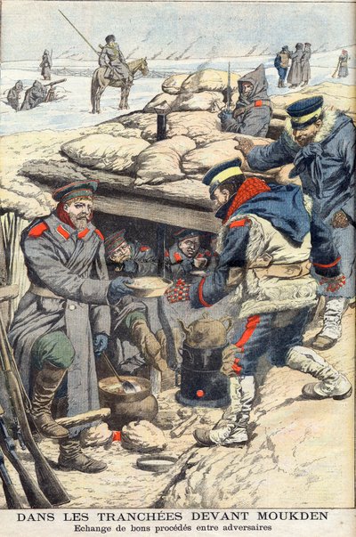 In the trenches before Mukden, Russian-Japanese War. Japanese and Russian troops exchanging food and drink. Illustration for Le petit Journal, 22 January 1905 by French School