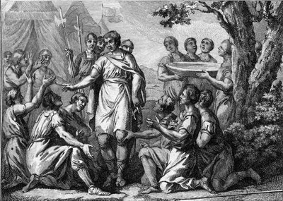 Inauguration of Pharamond (5th century): sacre of the king of the Francs Pharamond. Engraving of the 18th century by French School