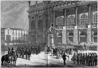 Inauguration of the Sardinian monument by Vincenzo Vela (1820-1891), at the Chateau Square in Turin (Italy) on 10 April 1859. Behind the statue is the Palazzo Madama. Based on Mr. Ferry