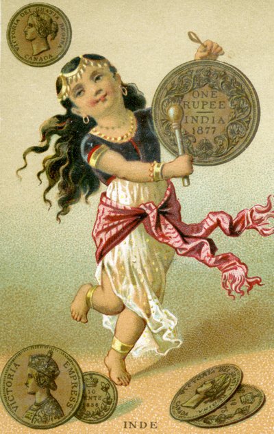 Indian dancer beating a rupee drum, from a series of promotional cards on currencies in different countries, published in Paris by Baster & Vieillemard for use by the chocolate producer, Chocolat Ibled by French School