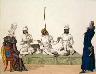 Indian jugglers performing a balancing act, plate 87 from le Bon Genre, c.1810 by French School