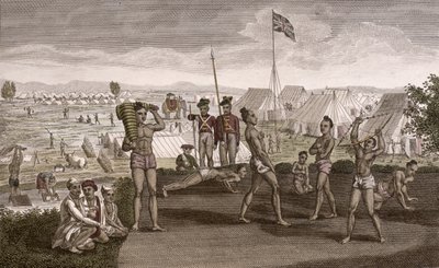 Indian Warriors Exercising with a View of the English Residents Camp, c.1810 by French School