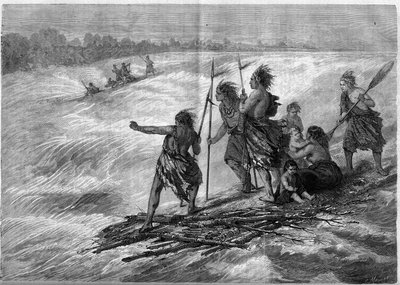 Indians of Canada, standing on tree branches attached together, descending the Long Sault Rapids on the St. Lawrence River by French School