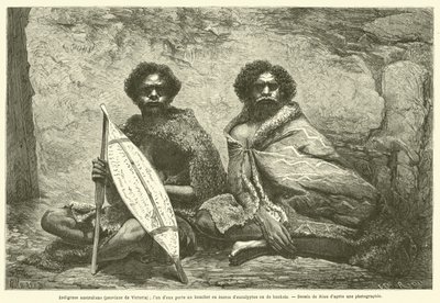 Australian Natives (Province of Victoria); One of Them Carries a Shield Made of Eucalyptus or Banksia Bark (engraving) by French School
