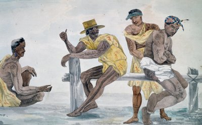Inhabitants of Tahiti, Society Islands, watercolor based on Voyage around world by French School