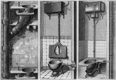 Installation of three chambers: (from left to right:) unsanitary cabinet, sanitary cabinet with hunting tank and siphoning and ventitious apparatus without mechanics. Engraving in 
