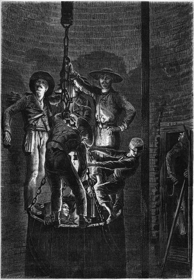 Interior appearance of a coal mine well: ascent of the dumpster. 1861. Engraving in Le Monde Illustré n°238 of November 2 by French School