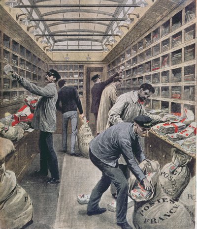 Interior of a French railway postal wagon at the time of the French Postal Strike in 1909, illustration from Le Petit Journal, 28th March 1909 by French School