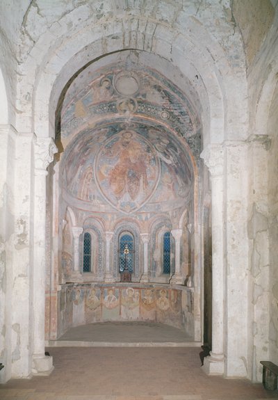 Interior view of the apse with a fresco depicting Christ giving the law to St. Peter in the presence of saints and apostles by French School