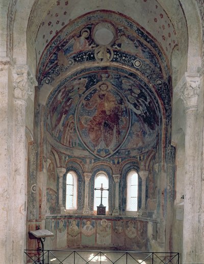 Interior view of the apse with a fresco depicting Christ giving the law to St. Peter in the presence of saints and apostles by French School