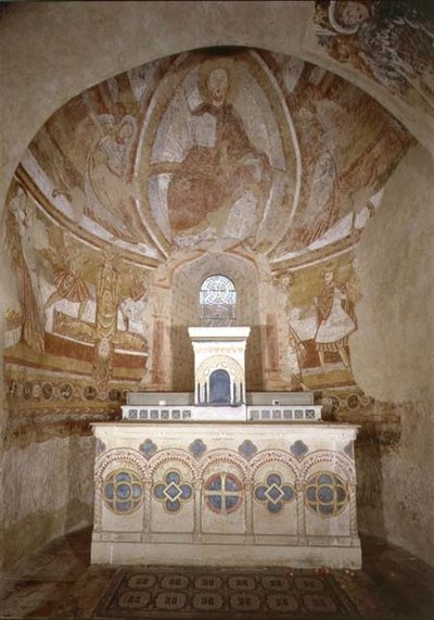 Interior view of the choir with Christ in Majesty, the Crucifixion of Peter and other scenes by French School