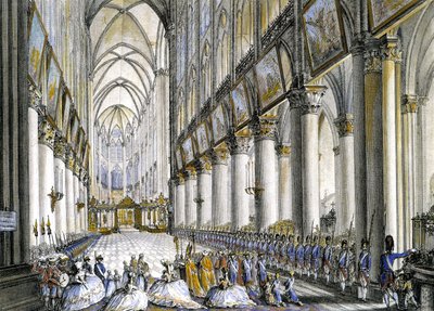 Internal view of Notre-Dame de Paris, at the arrival of Marie Antoinette, Queen of France, to attend the famous mass for the birth of her son, the future Louis XVII. Engraving 18th century by French School