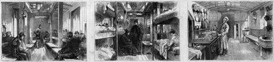 Internal view of the ambulance wagon and kitchen wagon of a medical train of the French Societe de secours aux blesses militaires by French School