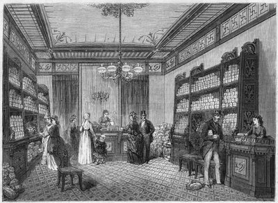 Internal view of the coffee shop Compagnie du Moka-Zanzibar, located in Paris at 47, rue Vivienne. Engraving in Le Monde Illustré n°808 of October 5 by French School