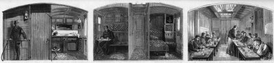 Internal view of the medical wagon and the refectory wagon of a medical train of the French Societe de secours aux blesses militaires. Engraving in 