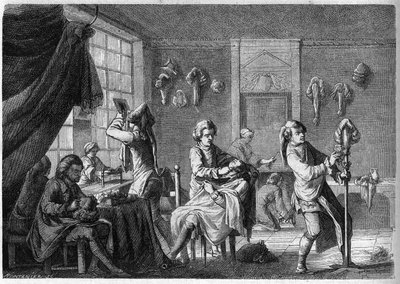 Internal view of the shop of a French wig under Louis XV (18th century). Engraving by Dargent by French School