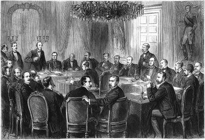International War Congress, Brussels, July-August 1874: delegates from 15 European states meet to discuss the draft of an International Declaration on the Laws and Customs of War by French School