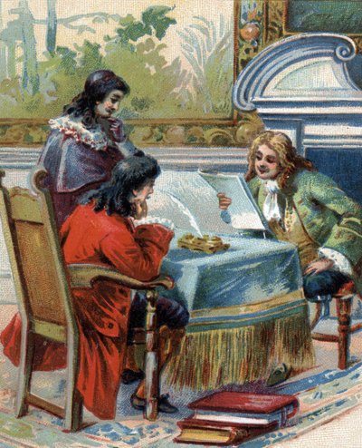 Interview of Gottfried Wilhelm Leibniz with Jacques-Benigne Bossuet. Chromolithography by French School