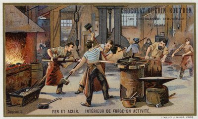 Iron and Steel. Interior of a Busy Smithy by French School