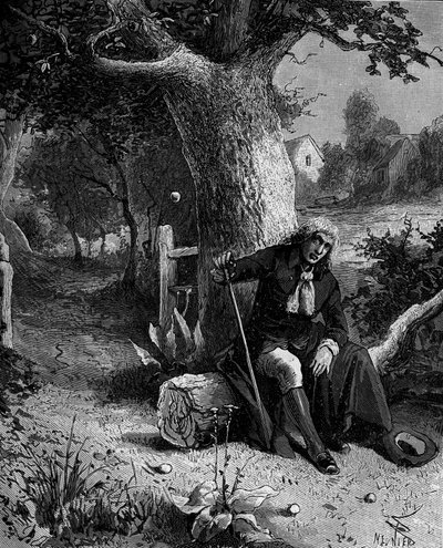 Isaac Newton (1642-1727), English mathematician and astronomer, discovering the notion of earth gravity through an apple falling from an apple tree of Woolsthorpe by French School