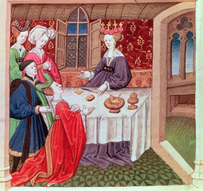 Isolde pleading with Queen Guinevere for protection, Roman du Chevalier Tristan by French School