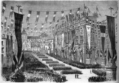 Italian Unification, Turin, 2 April 1860: Decoration of the Castle Square (Piazza Castello) on the Occasion of the Opening of the Italian Parliament. Engraving in 