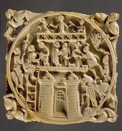 Ivory back of a mirror depicting the God of Love besieged in his castle by French School