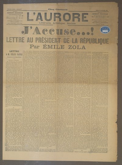JAccuse letter by Emile Zola, published in LAurore, 13th January 1898 by French School